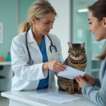 Vétérinaire expliquant documents d'assurance à une cliente