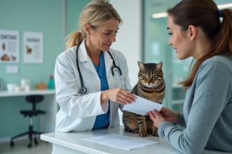 Vétérinaire expliquant documents d'assurance à une cliente