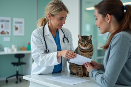 Vétérinaire expliquant documents d'assurance à une cliente