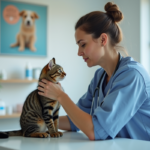 Vétérinaire avec un chat tabby dans une clinique moderne