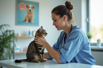 Vétérinaire avec un chat tabby dans une clinique moderne
