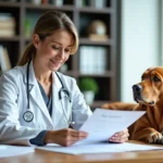 Vétérinaire femme en blanc avec chien dans bureau moderne