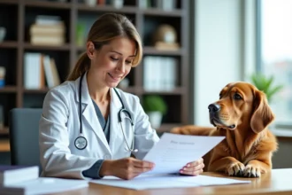 Vétérinaire femme en blanc avec chien dans bureau moderne