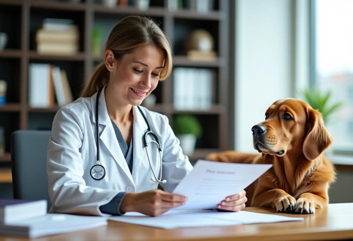Vétérinaire femme en blanc avec chien dans bureau moderne
