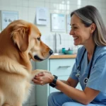 Vétérinaire et chien retriever dans une clinique