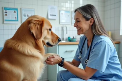 Vétérinaire et chien retriever dans une clinique