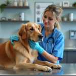 Vétérinaire rassurant un chien dans une clinique moderne