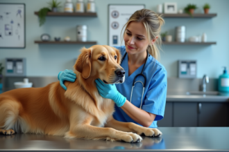 Vétérinaire rassurant un chien dans une clinique moderne