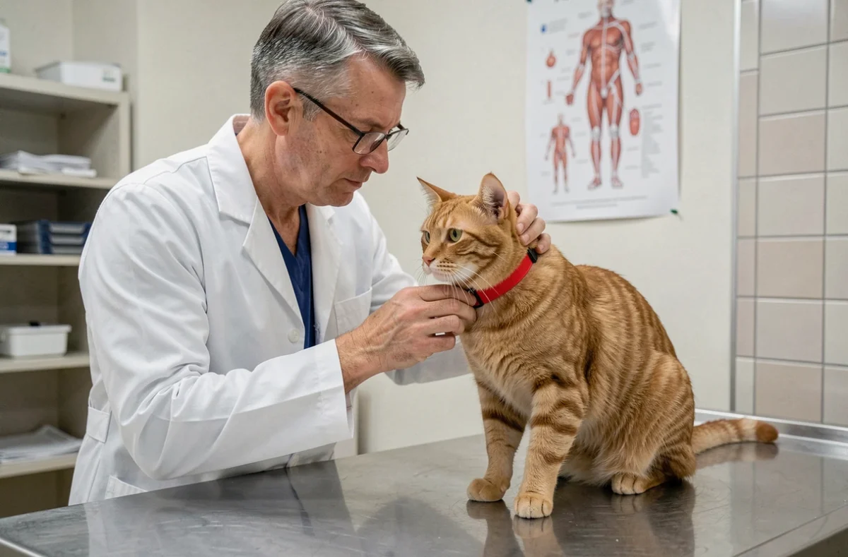 Vétérinaire vérifiant l'ajustement d'un collier de sécurité rouge sur un chat roux lors d'une consultation en clinique vétérinaire