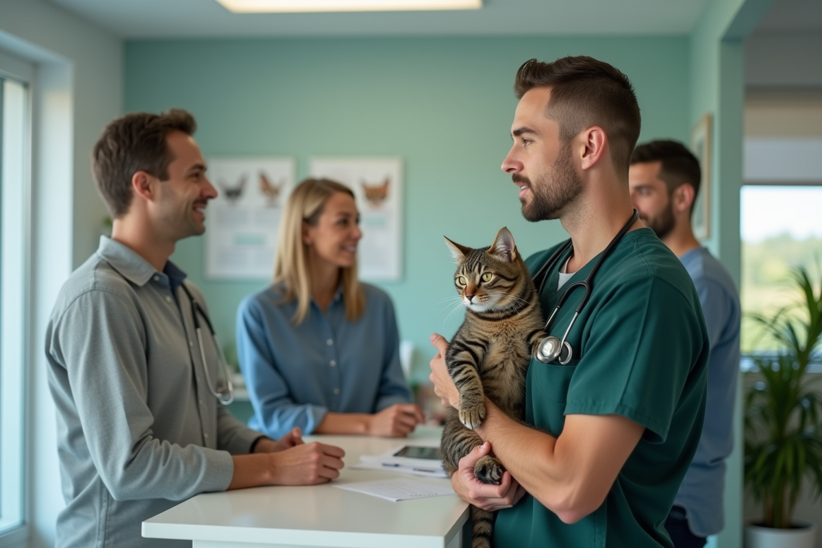 Vétérinaire conseillant un couple avec un chat dans une clinique