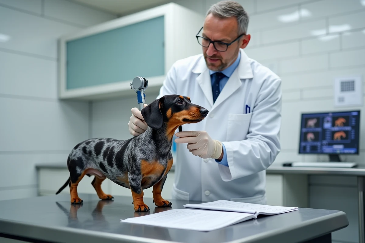 Vétérinaire examinant un teckel arlequin poil ras avec carnet de santé et documents de pedigree dans une clinique vétérinaire moderne