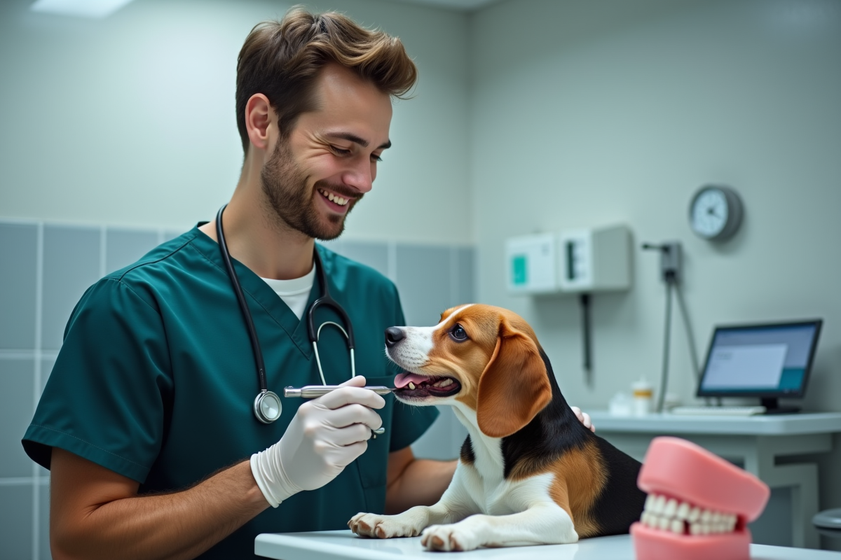 Vétérinaire montrant le soin dentaire à un chien dans une clinique