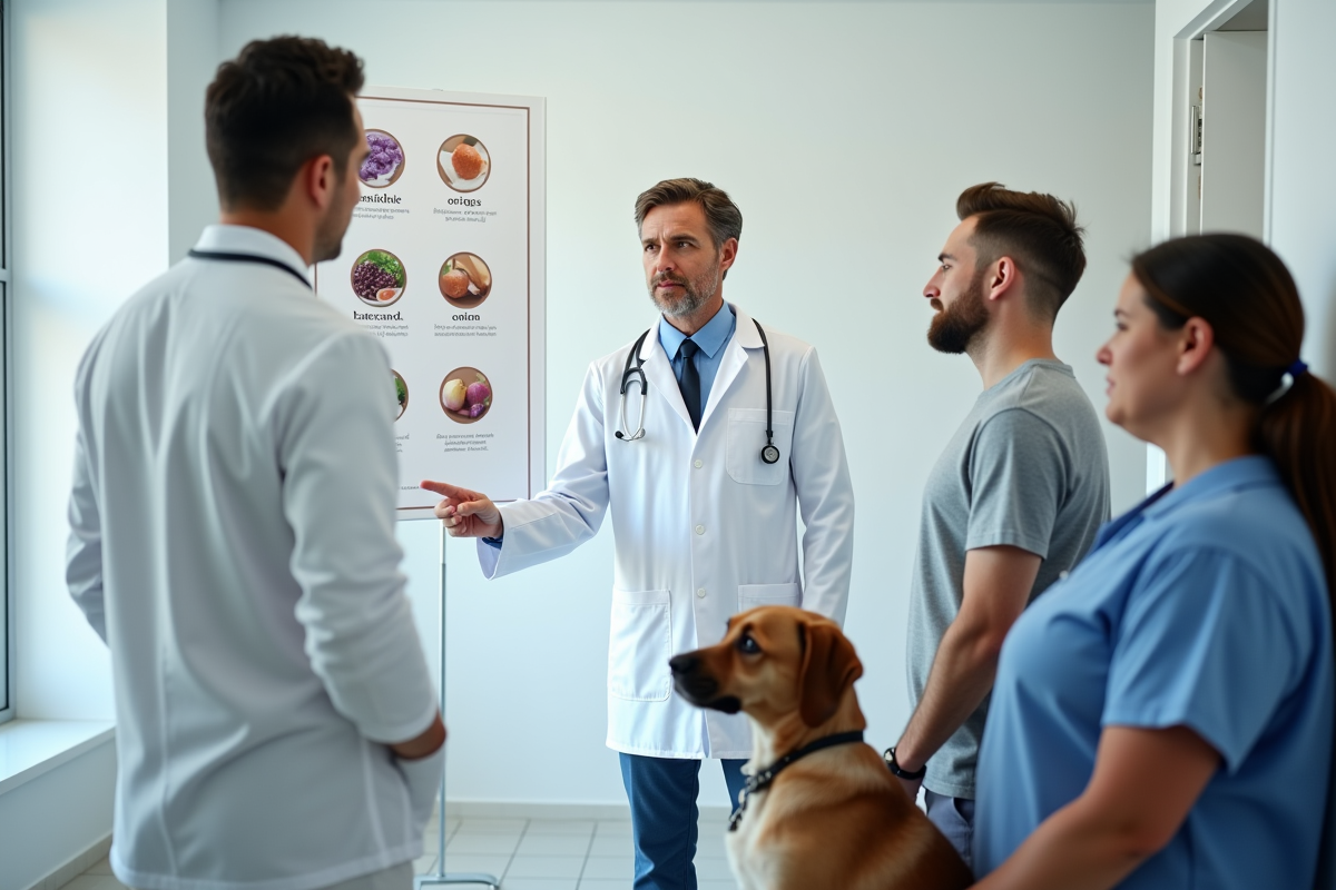 Vétérinaire montrant aliments dangereux pour chiens
