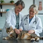 Vétérinaire examinant un chat tabby souffrant de douleurs articulaires sur une table d'examen en clinique vétérinaire