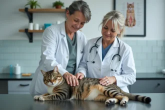 Vétérinaire examinant un chat tabby souffrant de douleurs articulaires sur une table d'examen en clinique vétérinaire