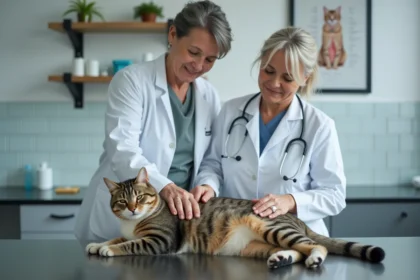 Vétérinaire examinant un chat tabby souffrant de douleurs articulaires sur une table d'examen en clinique vétérinaire