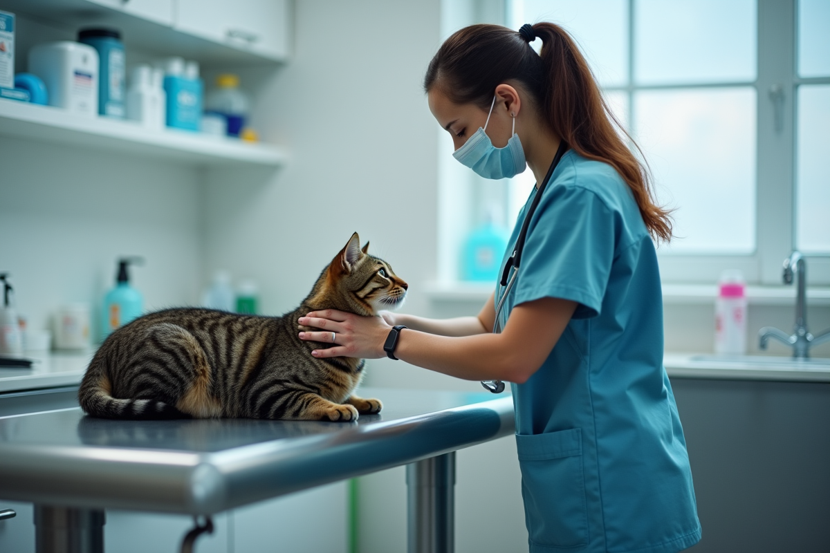 Vétérinaire examinant un chat tacheté sur une table d