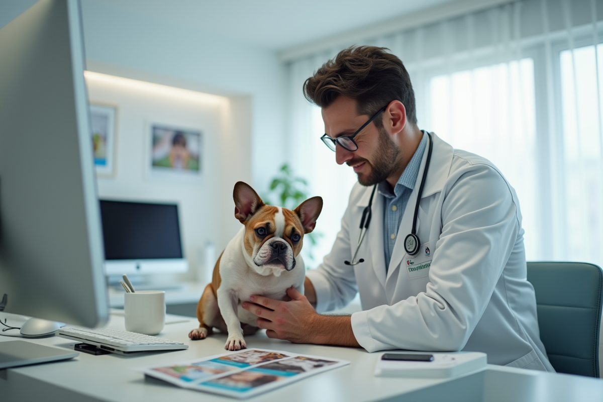 Vétérinaire examinant un bouledogue français dans une clinique moderne