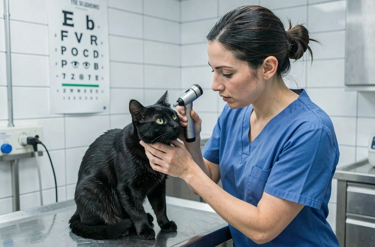 Vétérinaire examinant les pupilles dilatées d'un chat noir âgé avec un ophtalmoscope