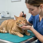 Vétérinaire examinant l'œil d'un chat atteint d'un ulcère cornéen lors d'une consultation clinique