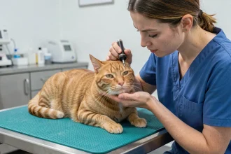 Vétérinaire examinant l'œil d'un chat atteint d'un ulcère cornéen lors d'une consultation clinique