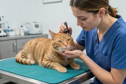 Vétérinaire examinant l'œil d'un chat atteint d'un ulcère cornéen lors d'une consultation clinique