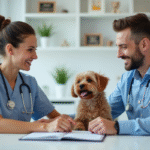 Vétérinaire femme souriante avec un chien dans un cabinet moderne