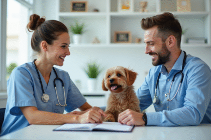 Vétérinaire femme souriante avec un chien dans un cabinet moderne