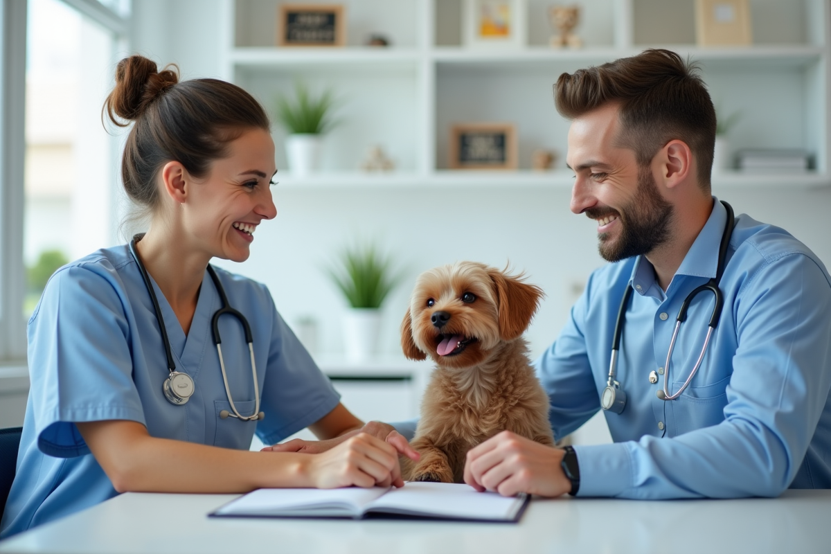 Vétérinaire femme souriante avec un chien dans un cabinet moderne