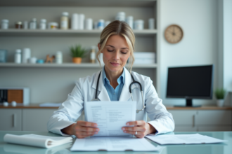 Vétérinaire femme en blanc dans son cabinet