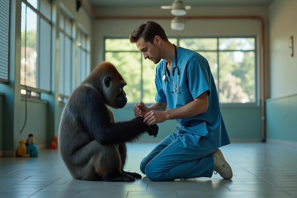 Vétérinaire examinant un gorille dans un centre de soins intérieur