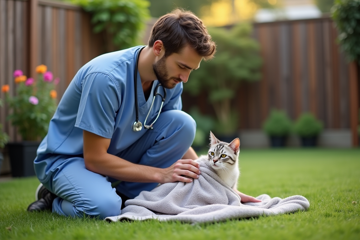 Vétérinaire examine un chat âgé en extérieur