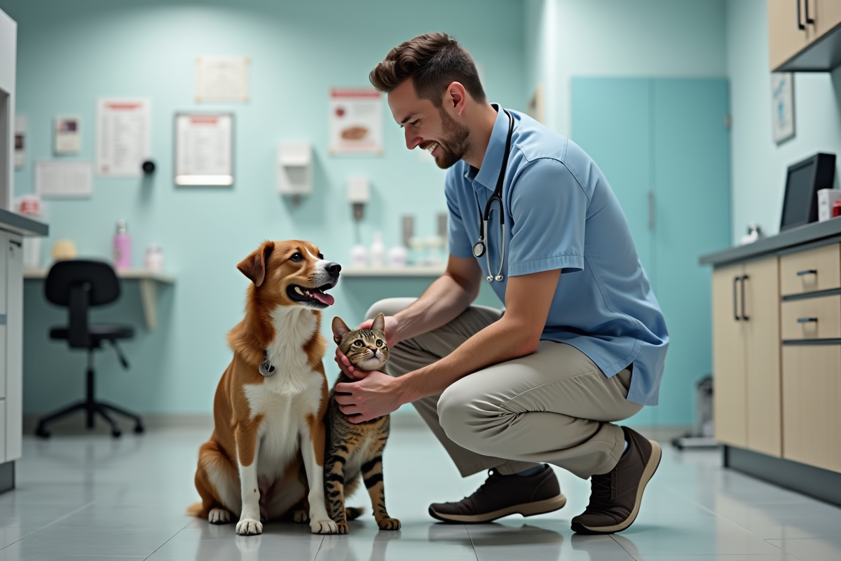 Vétérinaire examinant un chien et un chat dans une clinique