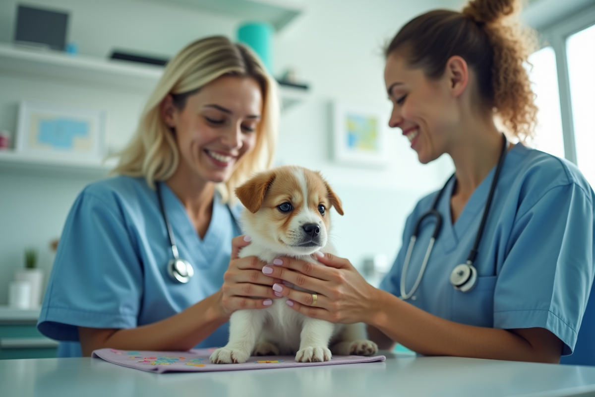 Vétérinaire examinant un chiot dans une clinique propre