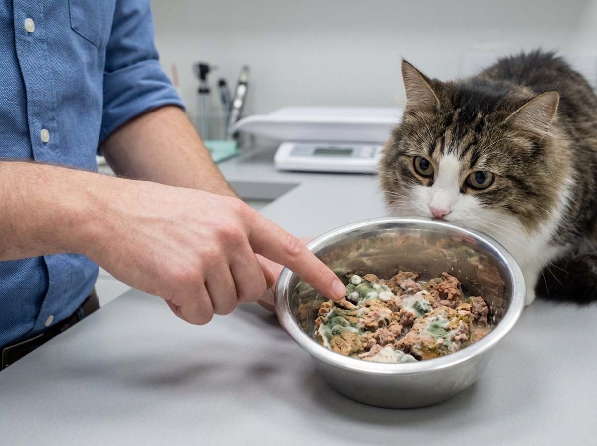 Vétérinaire montrant la nourriture moisie à un chat dans la clinique