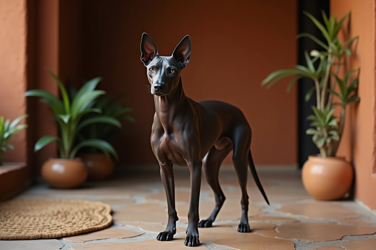 Chien Xoloitzcuintli sans poils debout sur un sol en pierre dans un intérieur chaleureux, posture fière illustrant les préjugés sur les races canines peu conventionnelles
